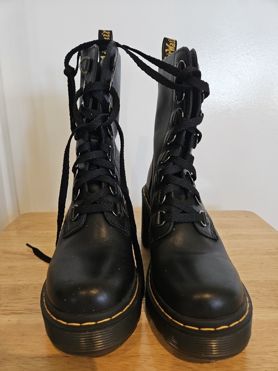 Dr. Martens Shoes - Dr. Martens Black Lace-Up Platform Combat Boots with Yellow Stitching
